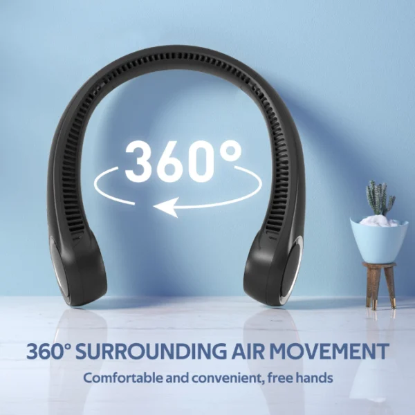 Ventilador de cuello portátil, sin aspas, refrigeración de 360°, silencioso y portátil recargable por USB, 3 velocidades (negro) - Imagen 2